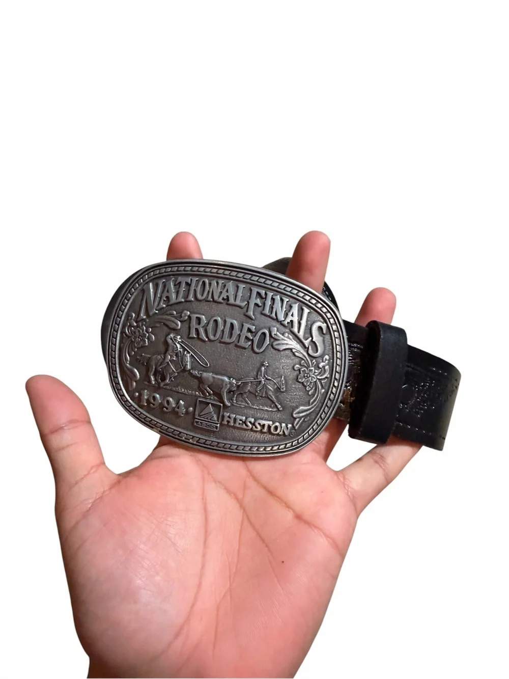 National Finals Rodeo Western Leather Belt with Silver Buckle